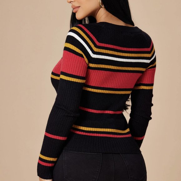 Long Sleeve Women's Sweater - Fashion Nova Sweater - Black Stripes Sweater - Picture 5 of 7